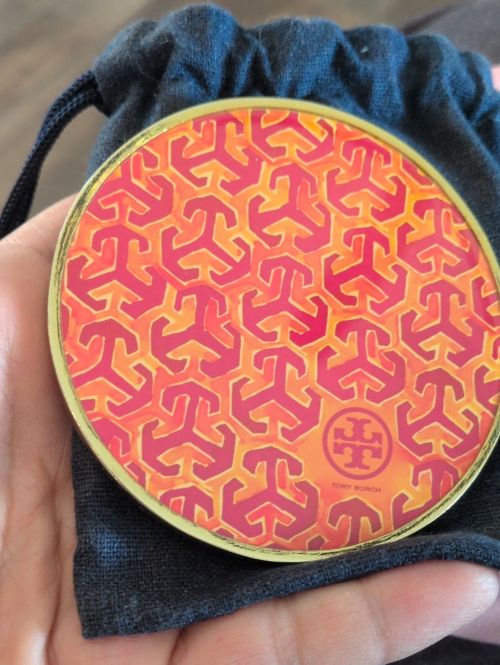 Tory Burch Coral & Gold Geometric Compact Mirror